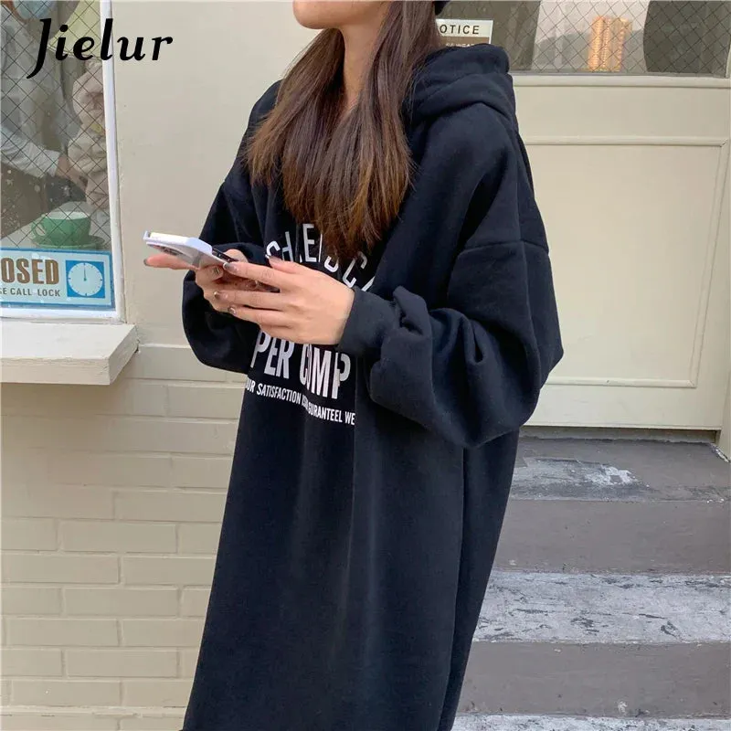 Metaversmall Black Long Sleeve Hooded Letter Print Sweatshirts Women Warm Gray Streetwear Hoodies Female Casual Sweatshirt Winter