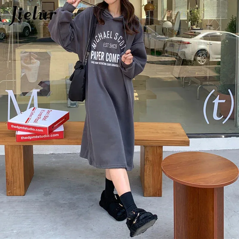 Metaversmall Black Long Sleeve Hooded Letter Print Sweatshirts Women Warm Gray Streetwear Hoodies Female Casual Sweatshirt Winter