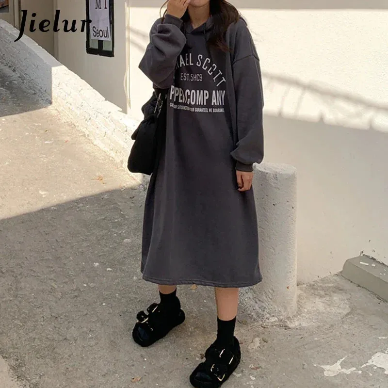 Metaversmall Black Long Sleeve Hooded Letter Print Sweatshirts Women Warm Gray Streetwear Hoodies Female Casual Sweatshirt Winter